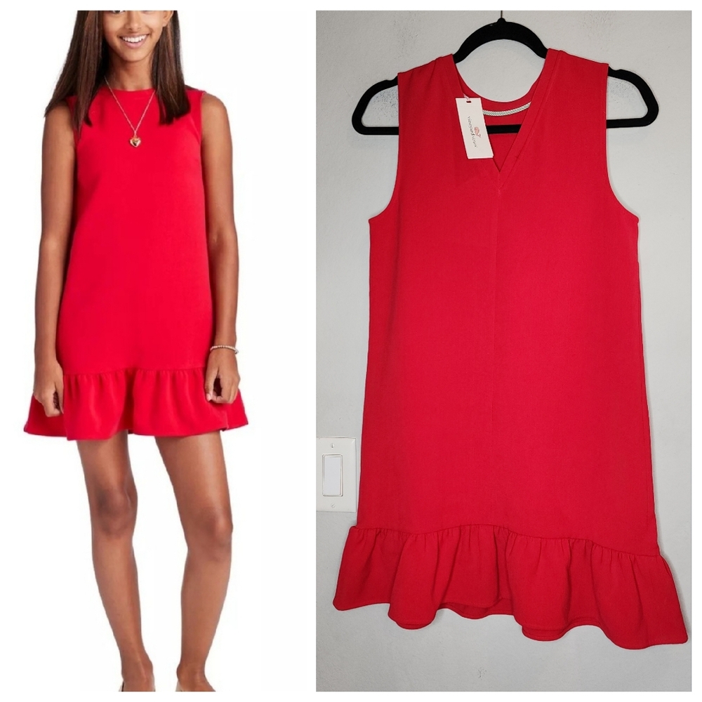 NWT Vineyard Vines Red Sleeveless Party Dress Ruffle Hem Kids Size XL